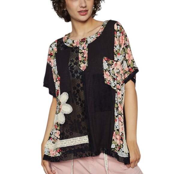 POL Floral Lace Patchwork Top-BLACK S/M/L NIP POL SHORT SLEEVE PATCH - Picture 1 of 16